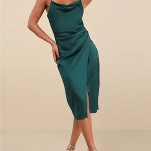 Lulus Satin Cowl Neck Midi Dress in Dusty Blue